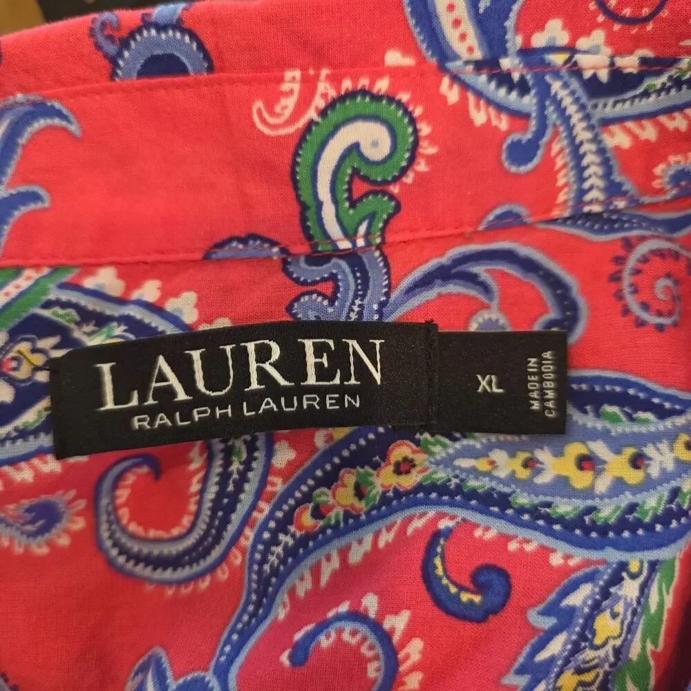 Lauren Ralph Lauren Womens Pajama Top XL Pink Paisley Button Down Shirt Logo